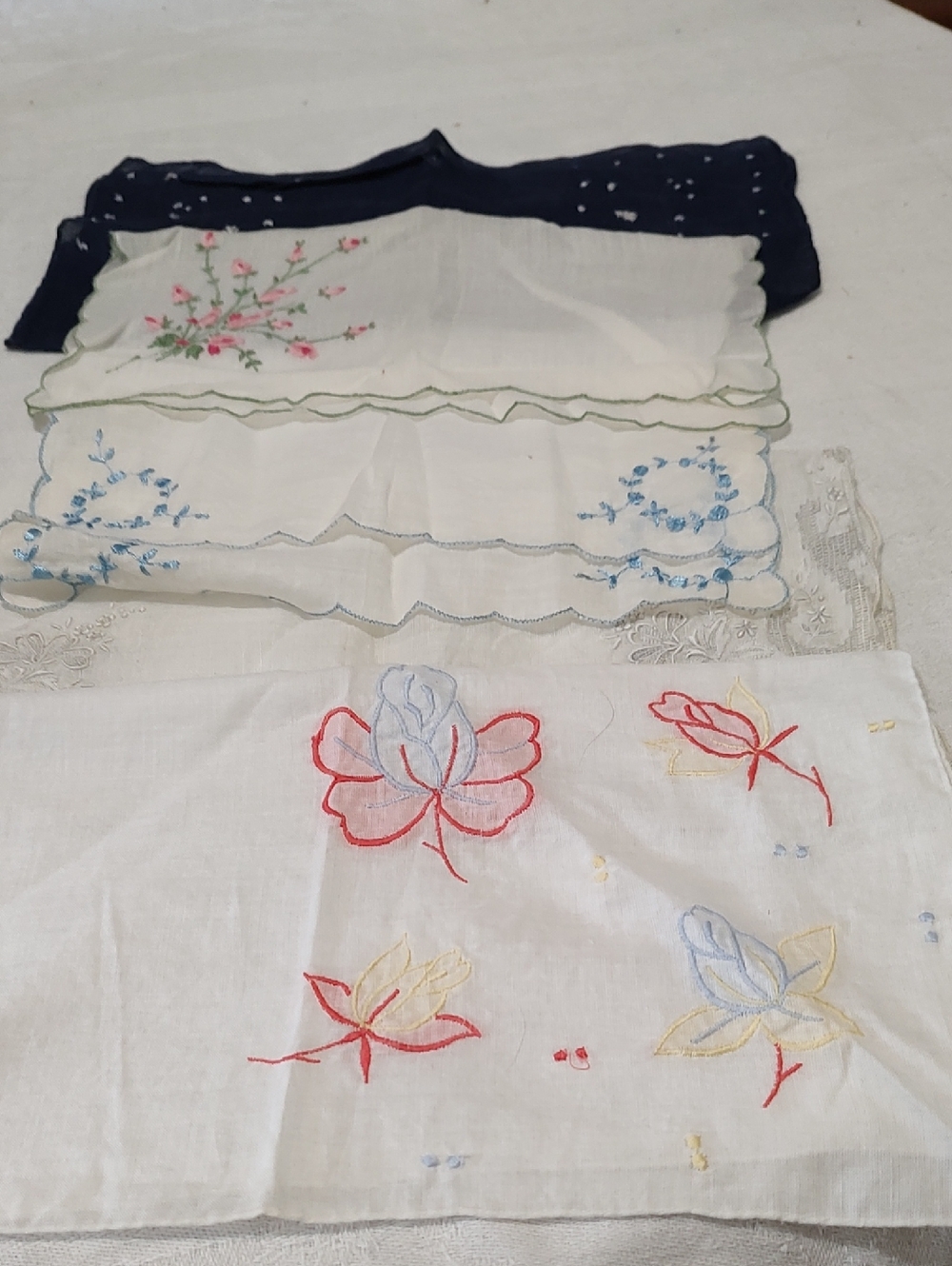 Five VintageBeautiful Hair Stitched Ladies Hankerchiefs
